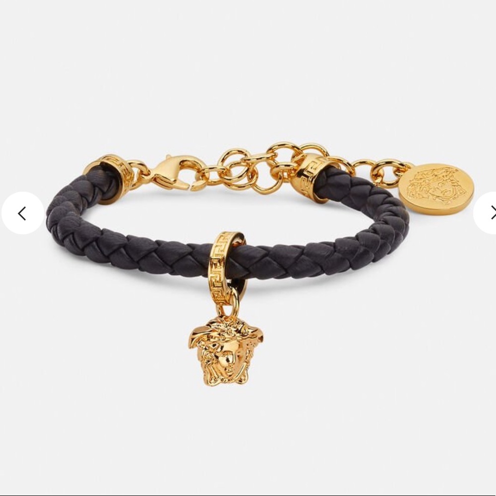 Versace black braided leather charm bracelet